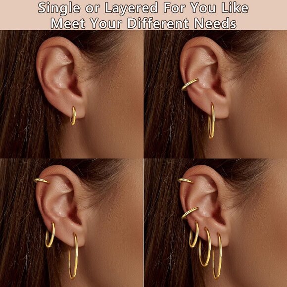 14K Gold Hoop 5 Pairs Women-Medium Big Stack 10/14/20/30/40mm Earrings Jewelry - Picture 5 of 6